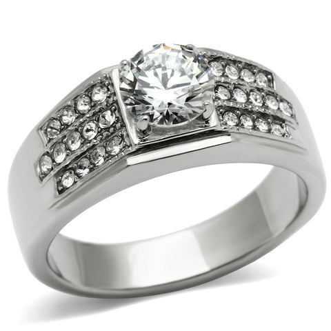 TK354 - High polished (no plating) Stainless Steel Ring with AAA Grade CZ  in Clear