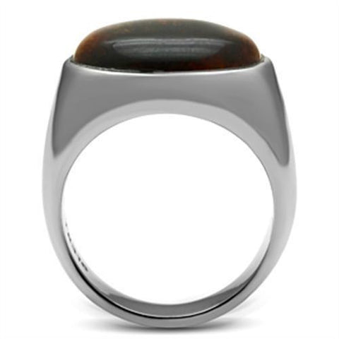 TK378 - High polished (no plating) Stainless Steel Ring with Semi-Precious Tiger Eye in Topaz