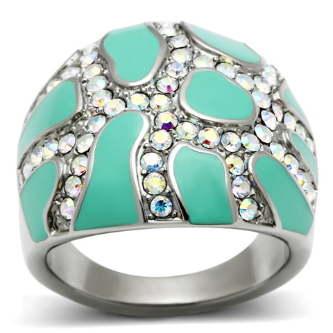 TK507 - High polished (no plating) Stainless Steel Ring with Top Grade Crystal  in Aurora Borealis (Rainbow Effect)