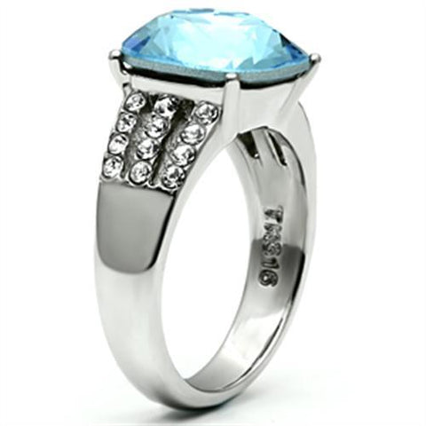 TK647 - High polished (no plating) Stainless Steel Ring with Top Grade Crystal  in Sea Blue