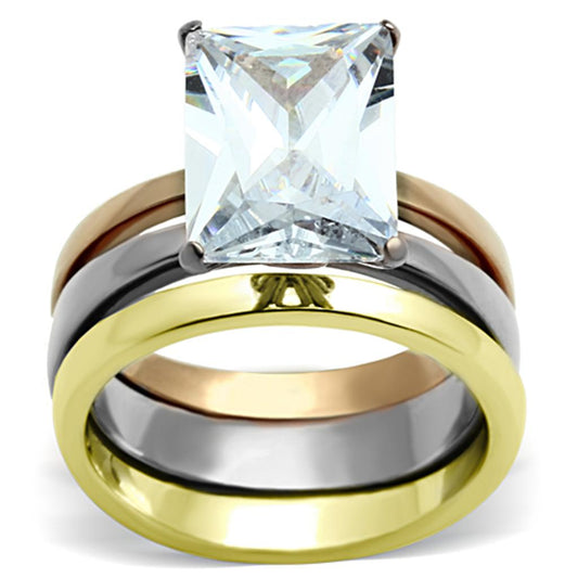 TK962 - Three Tone IP (IP Gold & IP Rose Gold & High Polished) Stainless Steel Ring with AAA Grade CZ  in Clear